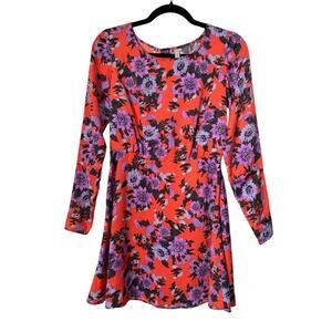 Free People Dress Size 0 Parker Orange Purple Floral Long Sleeve Fit Flare Mini